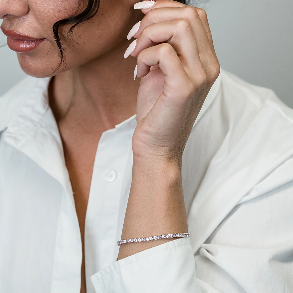Pink: Pink and White Silver Tennis Bracelet - Portier Jewelry Pink: Pink and White Silver Tennis Bracelet - Image 5