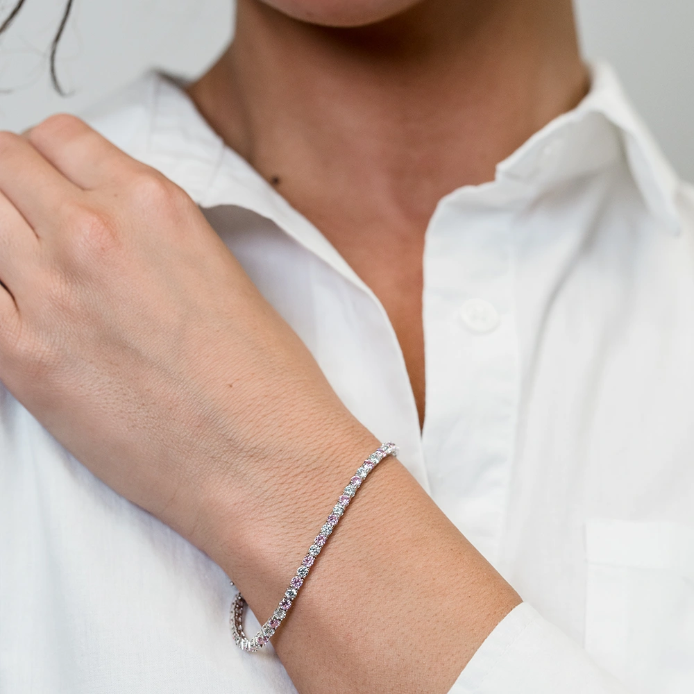 Pink: Pink and White Silver Tennis Bracelet - Portier Jewelry Pink: Pink and White Silver Tennis Bracelet - Image 2