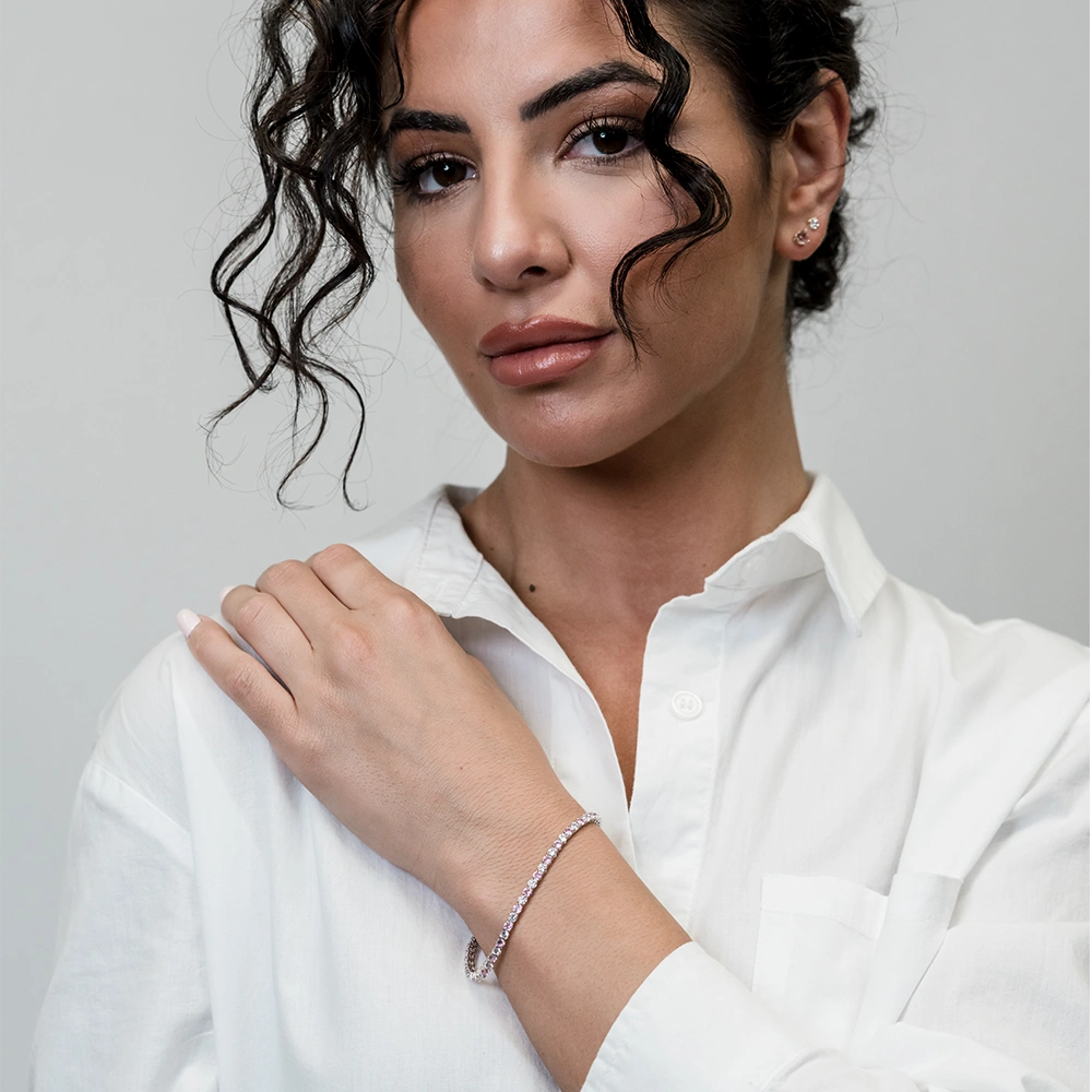 Pink: Pink and White Silver Tennis Bracelet - Portier Jewelry Pink: Pink and White Silver Tennis Bracelet - Image 3