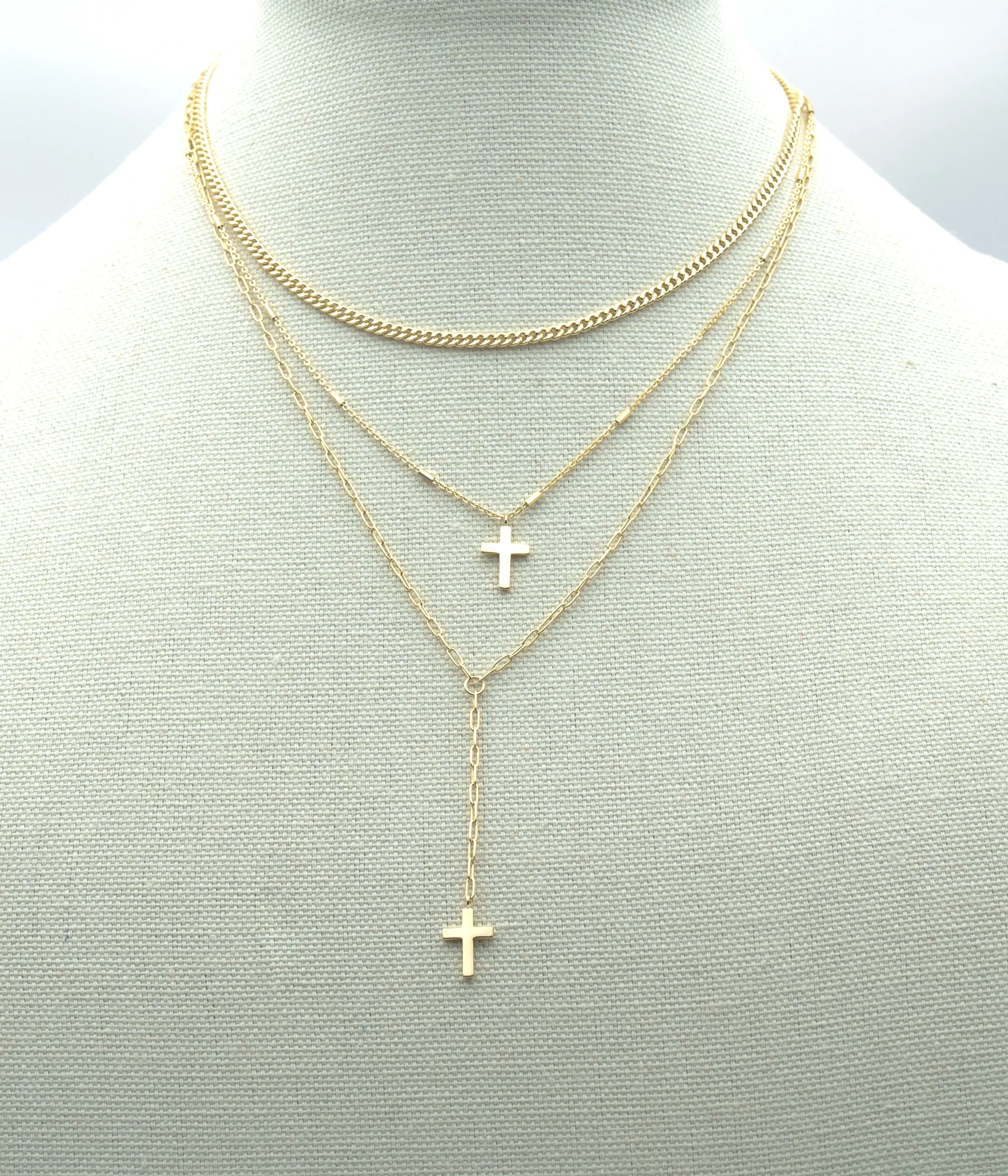 Cristina: Triple Layered Gold Cross Necklace - Portier Jewelry Cristina: Triple Layered Gold Cross Necklace