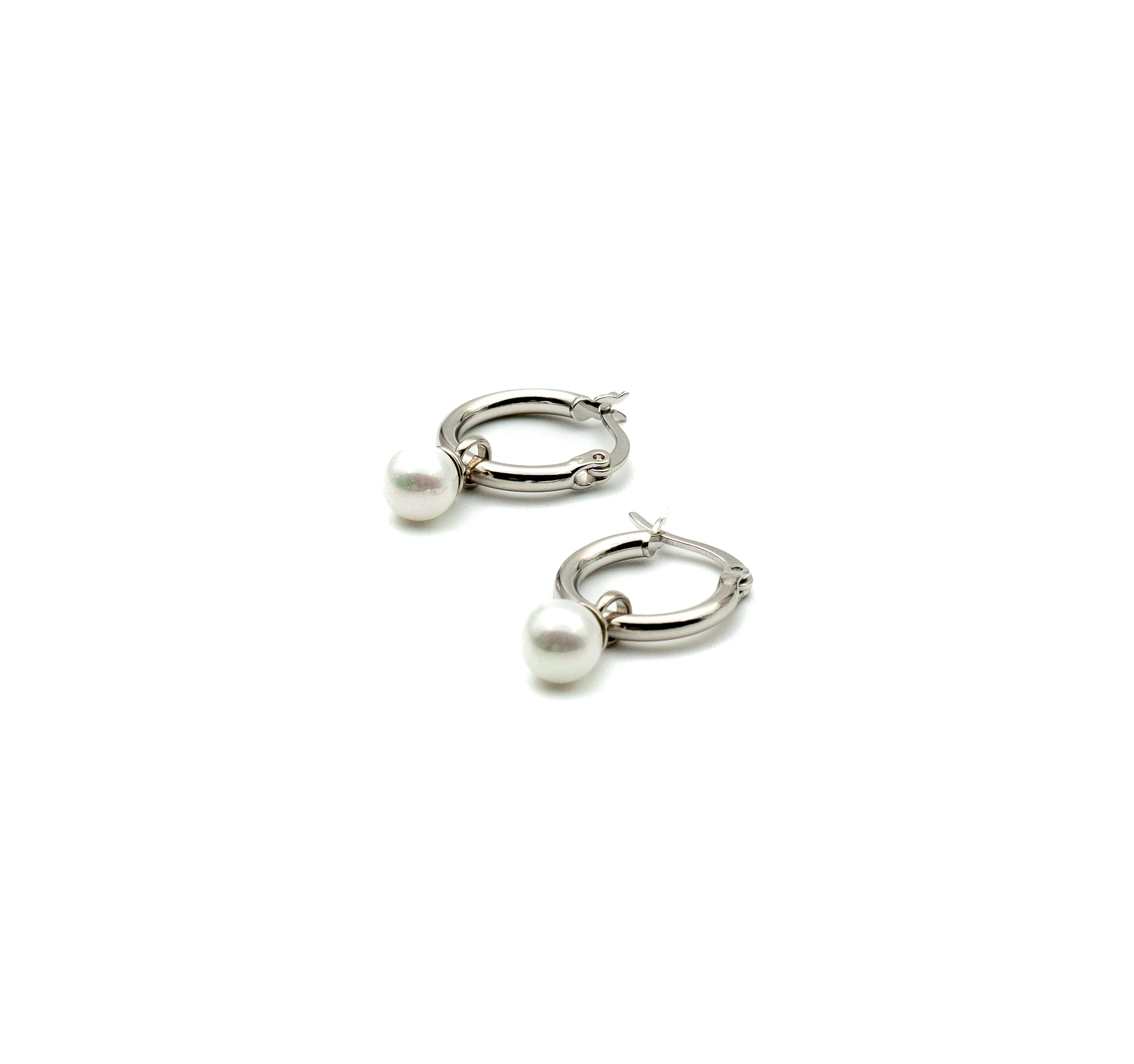 The Pearl II: Sterling Silver Medium Hoops with Dangling Pearl - Portier Jewelry The Pearl II: Sterling Silver Medium Hoops with Dangling Pearl - Image 6