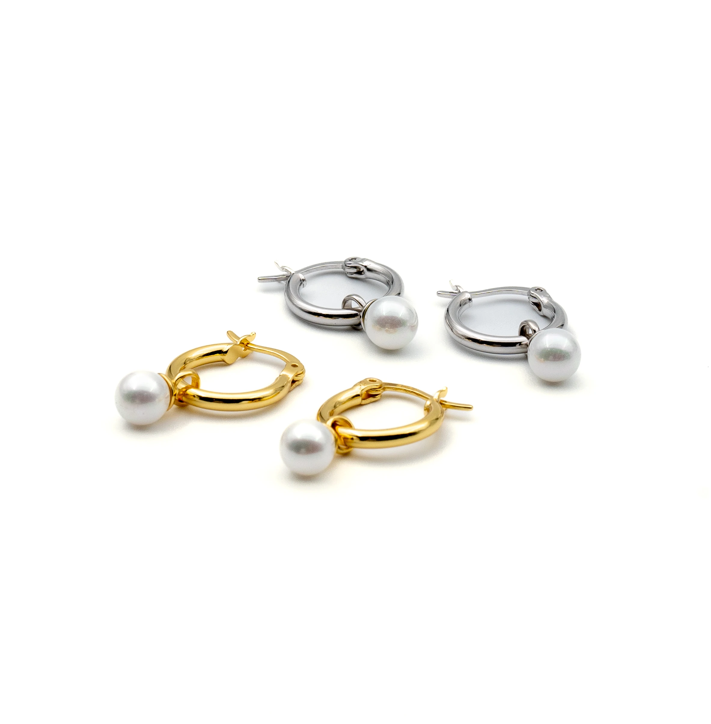 The Pearl II: Sterling Silver Medium Hoops with Dangling Pearl - Portier Jewelry The Pearl II: Sterling Silver Medium Hoops with Dangling Pearl