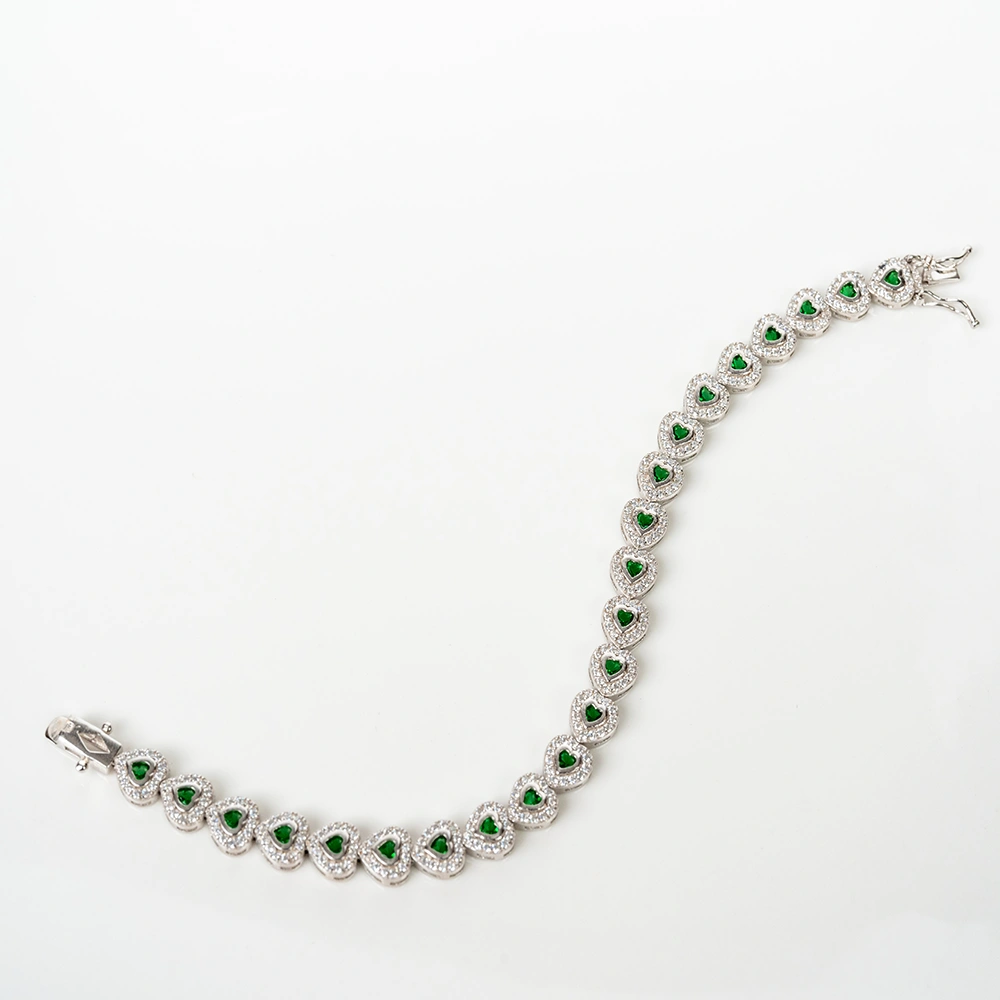 Emerald Heart: Emerald and White Hearts Silver Tennis Bracelet - Portier Jewelry Emerald Heart: Emerald and White Hearts Silver Tennis Bracelet - Image 5