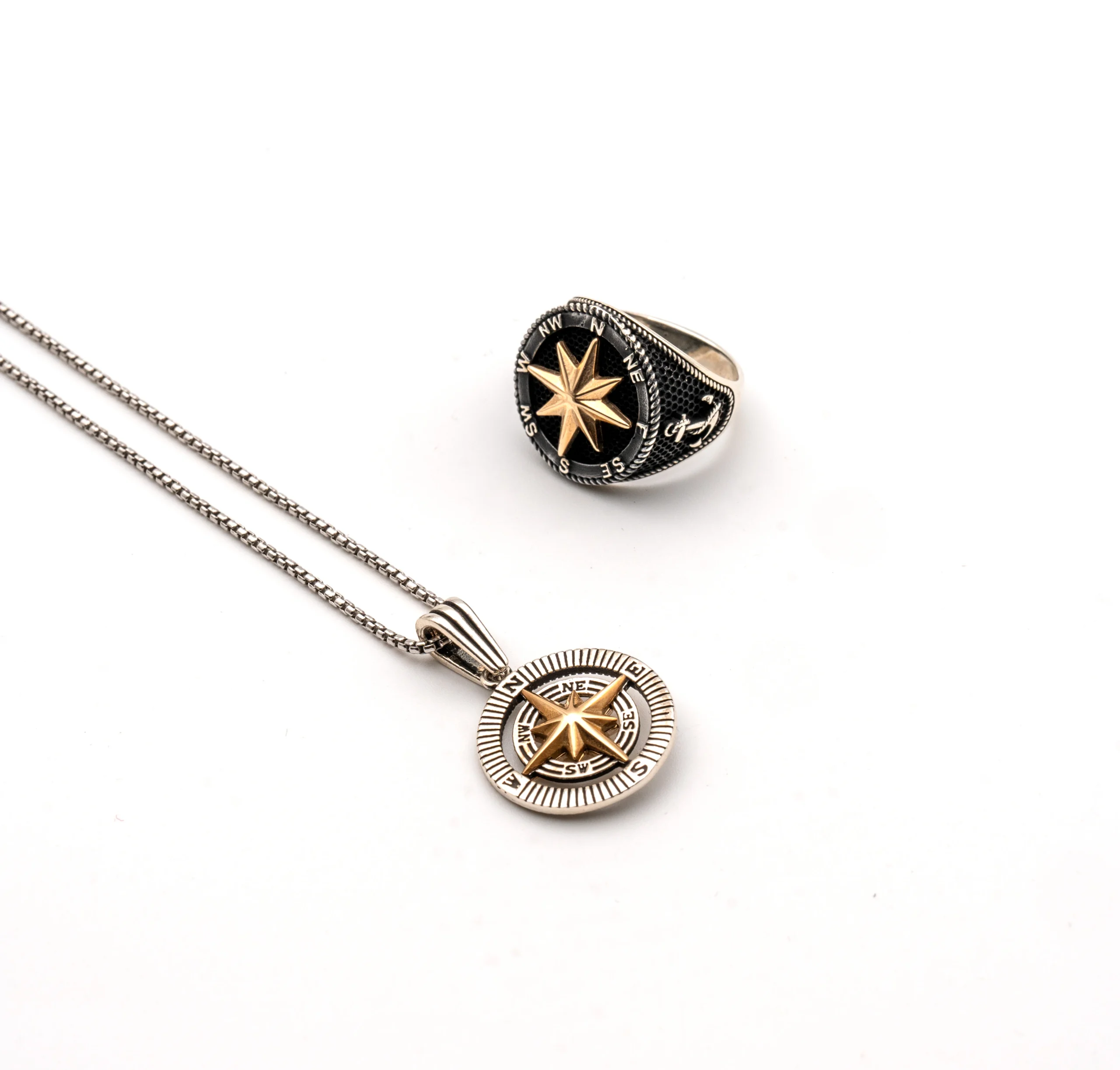 Compass II: Men's Sterling Silver Compass Pendant and Chain - Portier Jewelry Compass II: Men's Sterling Silver Compass Pendant and Chain